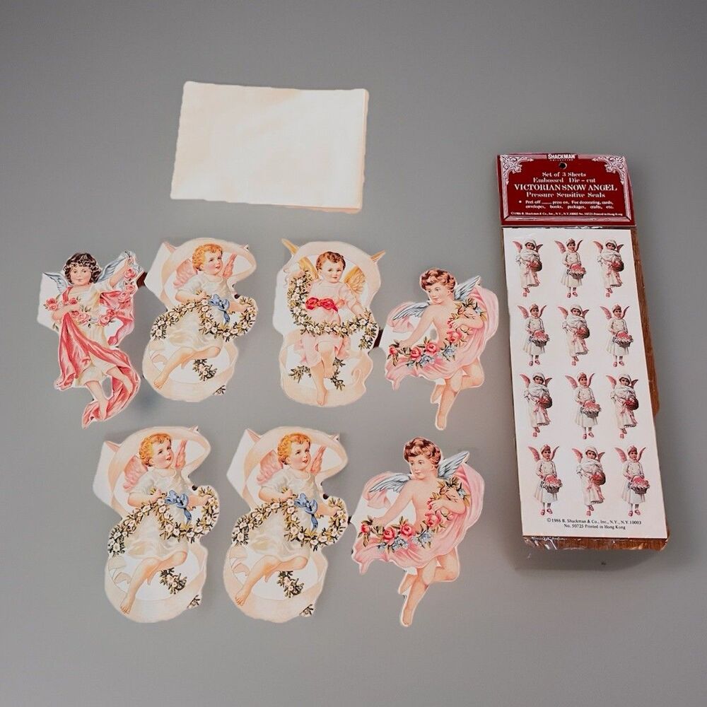 Vintage 1986 Merrimack & B Shackman Die Cut Card Christmas Angels Stickers